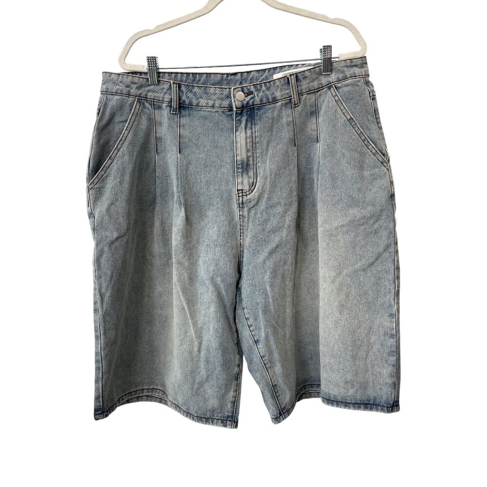 Cider Denim Shorts Plus Size 2XL High Rise Pleated Front Blue Light Wash Retro